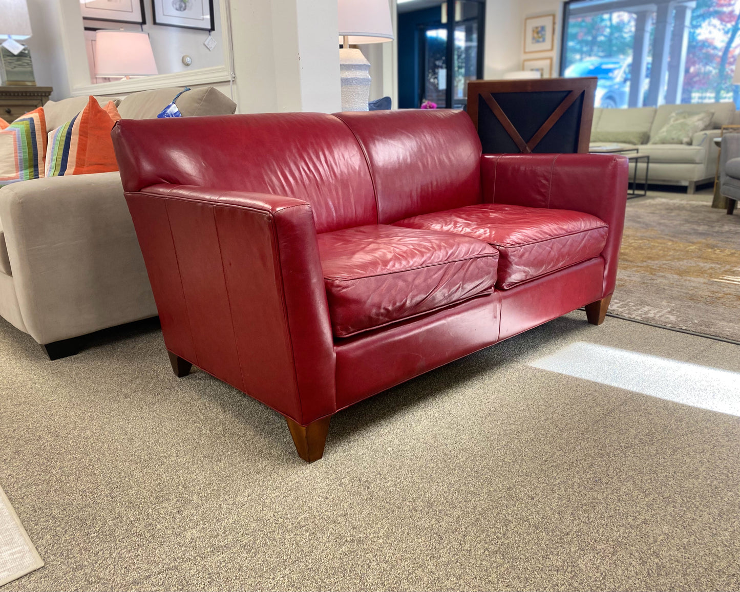 Crate & Barrel Tight Back Loveseat in Red Leather