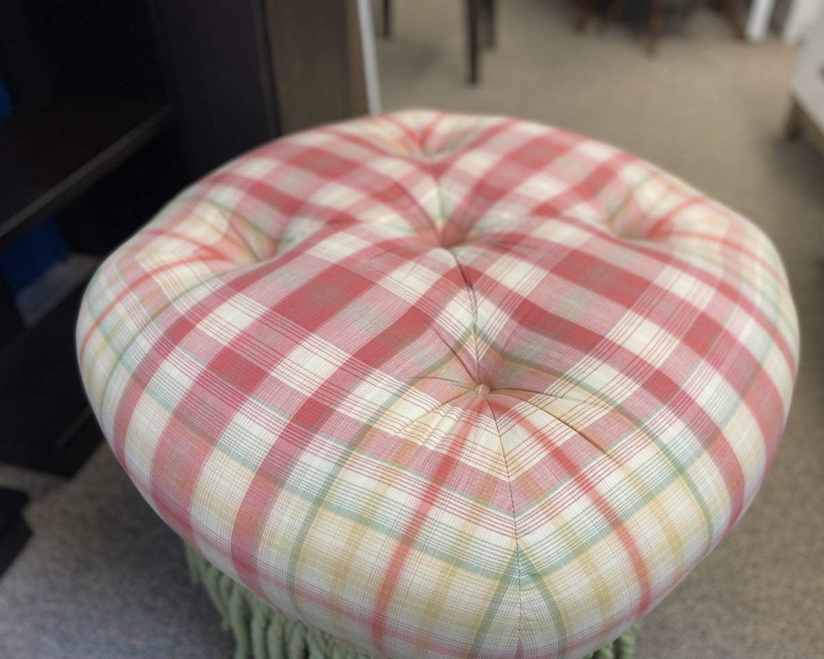 Round Tufted Ottoman with Lime Green Braided Tassels