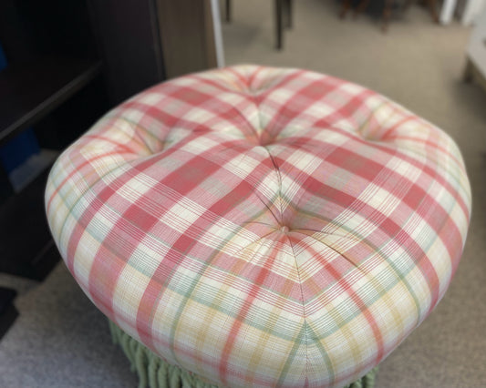 Round Tufted Ottoman with Lime Green Braided Tassels