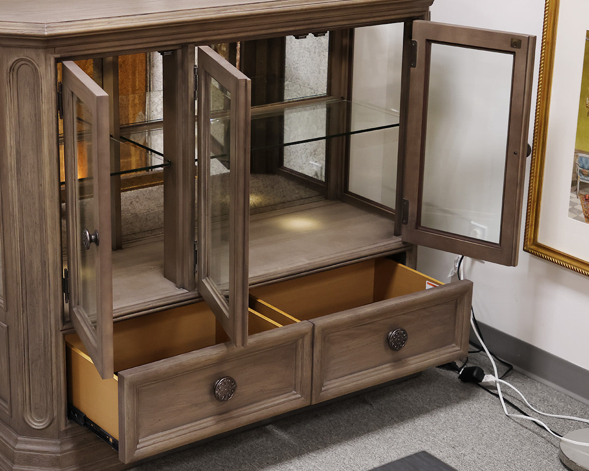 Dove Gray 3 Glass Door Two Drawer Display Cabinet