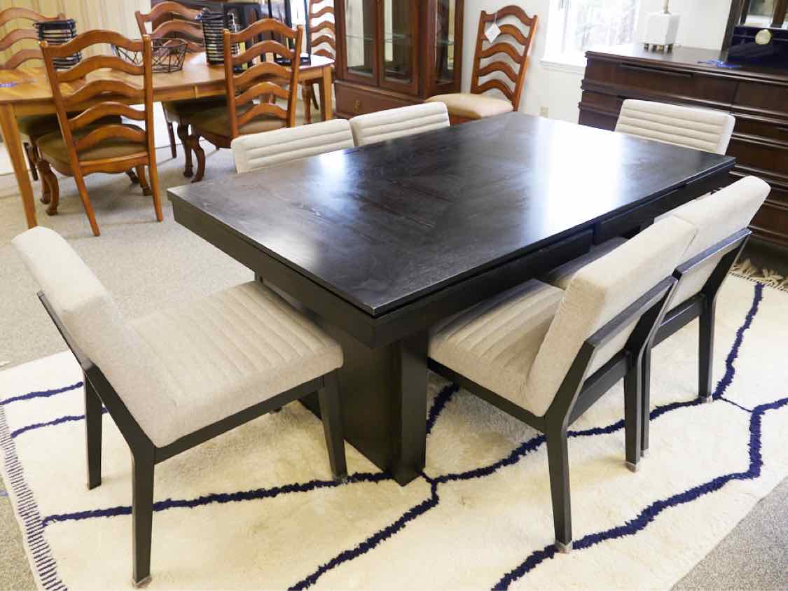 Black Finish Table & 6 Side Chair Set with Light Grey Upholstery