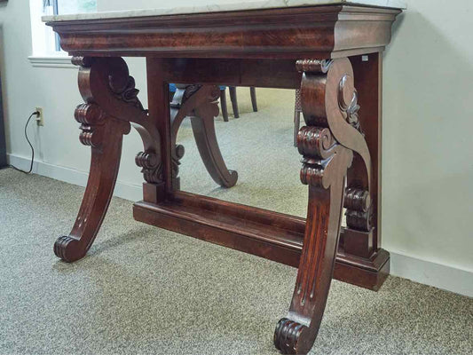 Carved Mahogany Console with White Marble Top and Mirrored Back