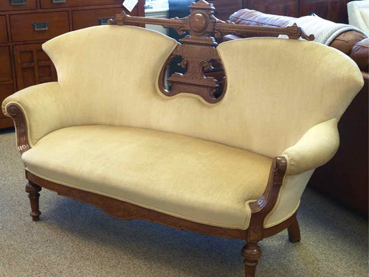 Vintage Rococo Revival Loveseat in Carved Walnut and Sand Velvet