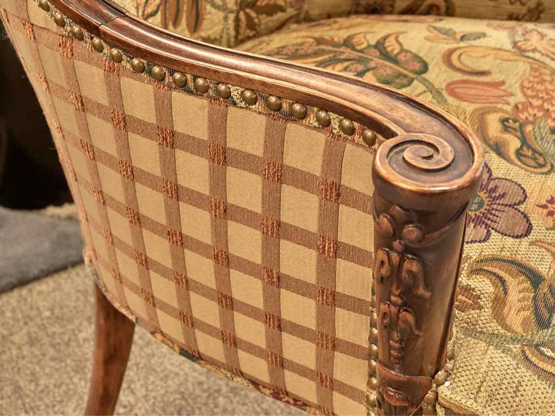 Pair of Fireside Wing Chairs in Autumn Tones on Carved Fruitwood Frame