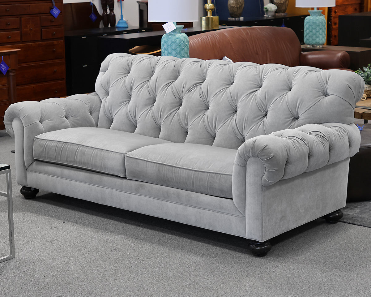 Ethan Allen Chadwick Sofa in Pale Grey Velvet on Bun Feet