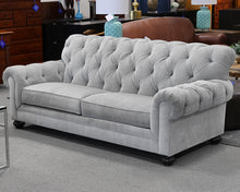 Ethan Allen Chadwick Sofa in Pale Grey Velvet on Bun Feet