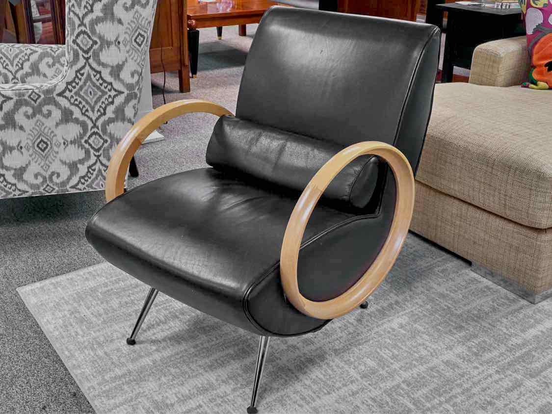 Contemporary Black Leather & Maple Arm Chair