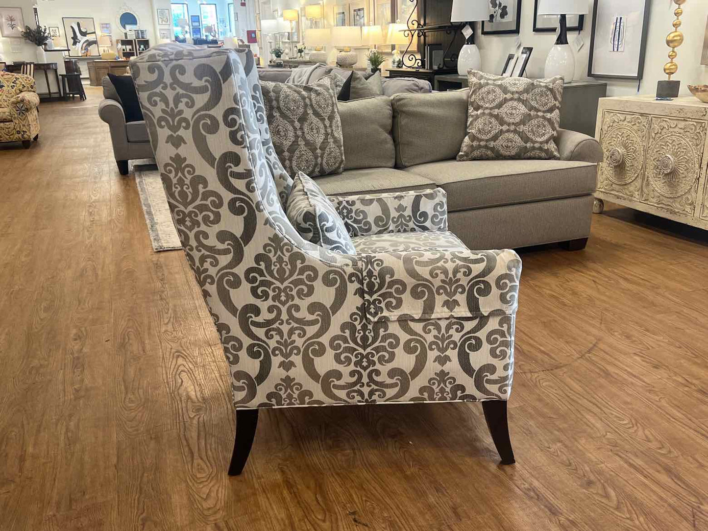 Ethan Allen Grey Damask Wing Chair
