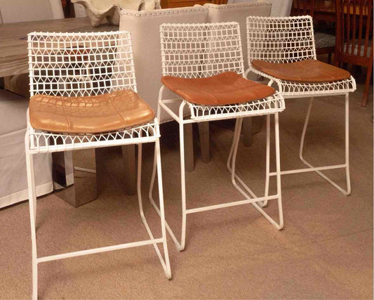 Set Of 3 Crate & Barrel  White Finish Metal Counter Stools With Leather Pads