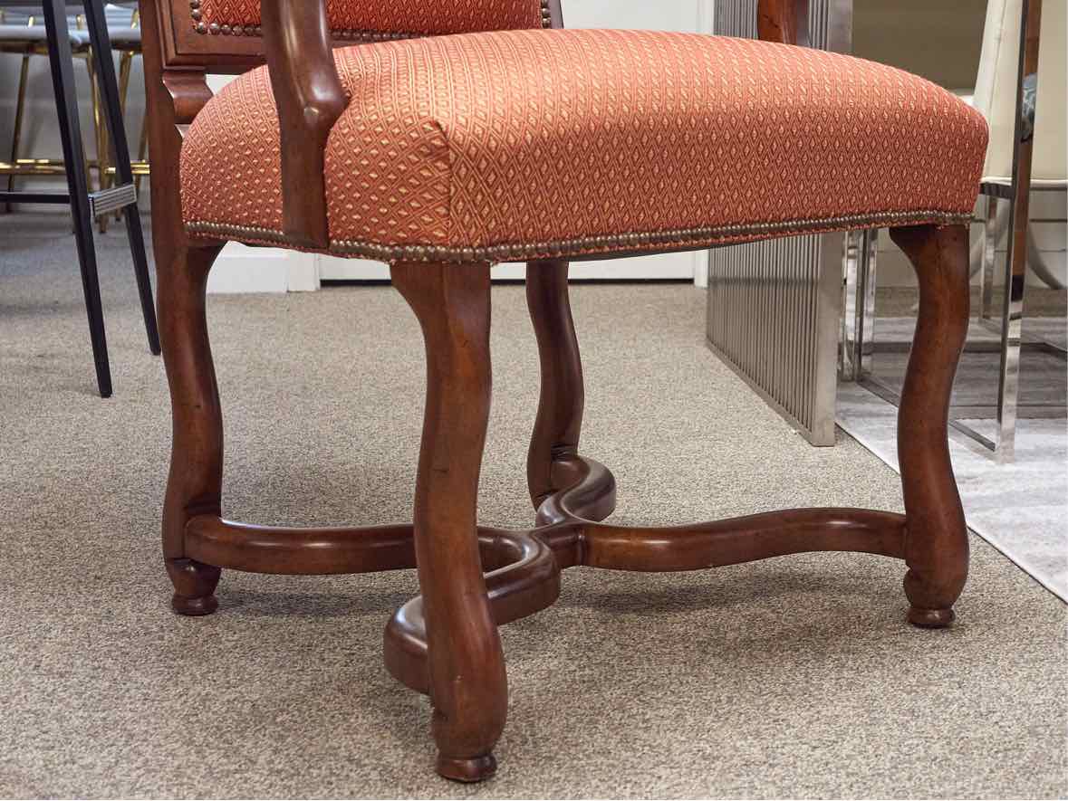 Wood Paneled Dining Table & 8 Fabric Dining Chairs w/ Nail Head Trim