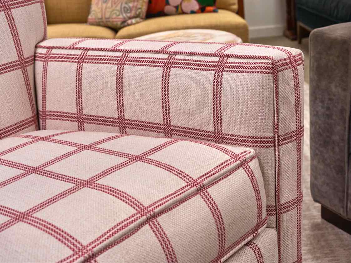 Pair of Ethan Allen 'Turner' Swivel Chairs in Red & Cream Buffalo Check