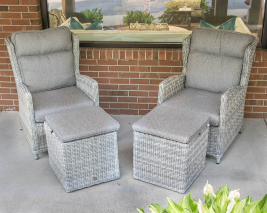 Pair Of SUNS All Weather Heather Grey Wicker Highback Chairs & Ottomans