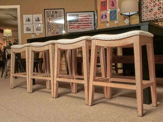 Set Of 4 Orient Express Furniture  Wired Brush Oak Linen Fabric Counter Stools