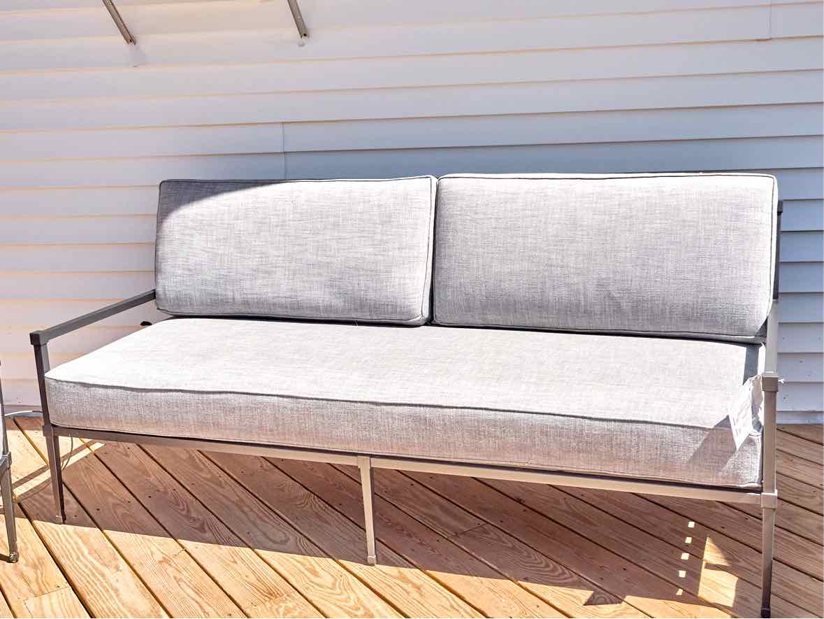 RH Gun Metal Grey Outdoor Sofa with Dove Grey Upholstered Cushions