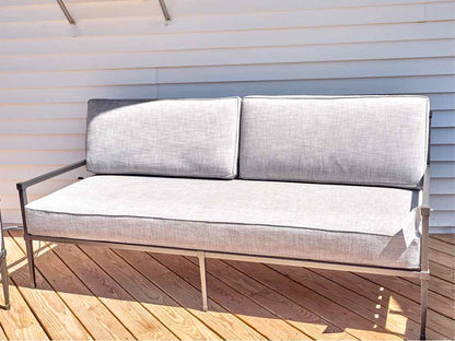 RH Gun Metal Grey Outdoor Sofa with Dove Grey Upholstered Cushions