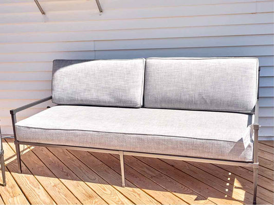 RH Gun Metal Grey Outdoor Sofa with Dove Grey Upholstered Cushions