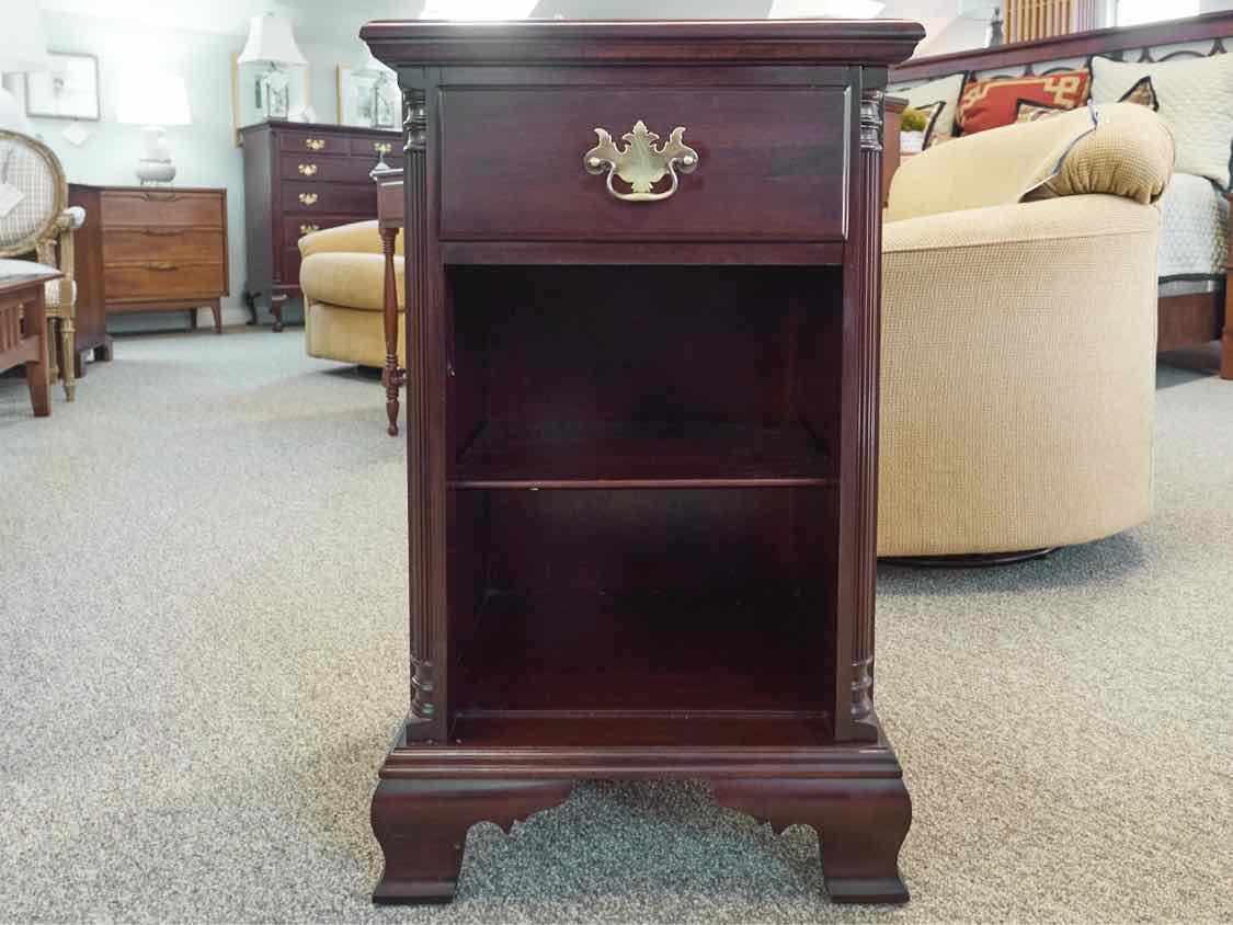 Solid Mahogany 1 Drawer Nightstand with Column Sides & Open 1  Shelf