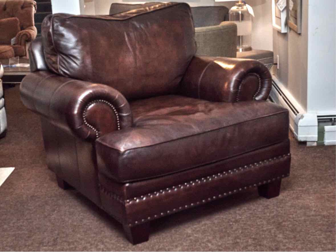 Bernhardt Brown Bonded Leather With Nailhead Trim Chair & Ottoman
