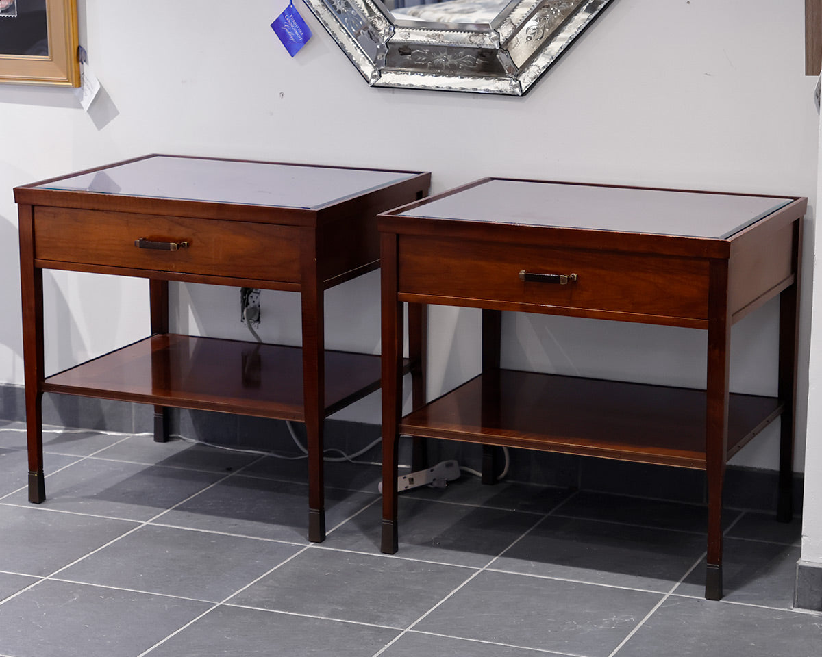 Pair of Baker Mahogany Glass Inlaid End Tables