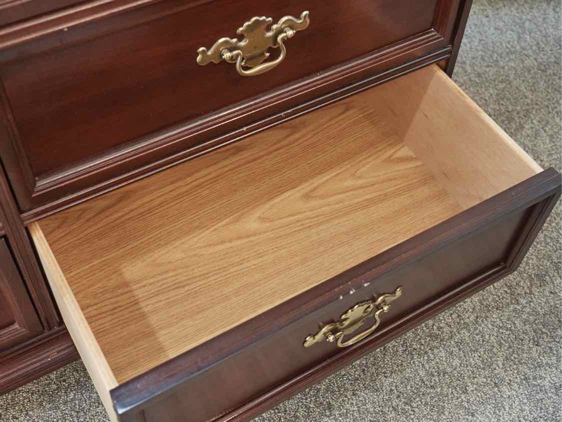 Bassett Cherry Double Dresser with 9 Drawers &  Brass Chippendale Pulls