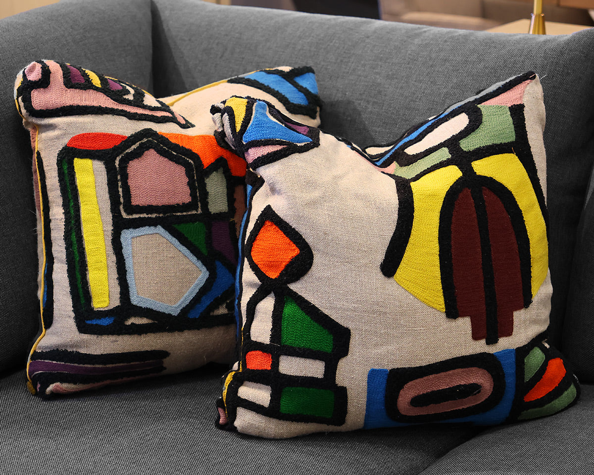 Pair of Linen Accent Pillows with Bright Tribal Wool Crewelwork