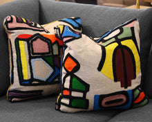 Pair of Linen Accent Pillows with Bright Tribal Wool Crewelwork