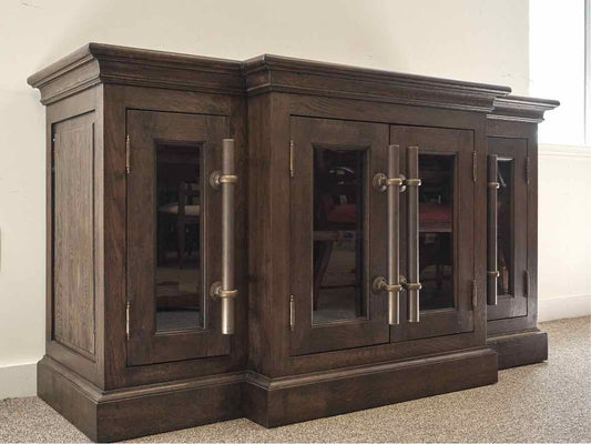 RH Brass Pull Bar Media Console w/Glass Doors & Dark Wood Finish