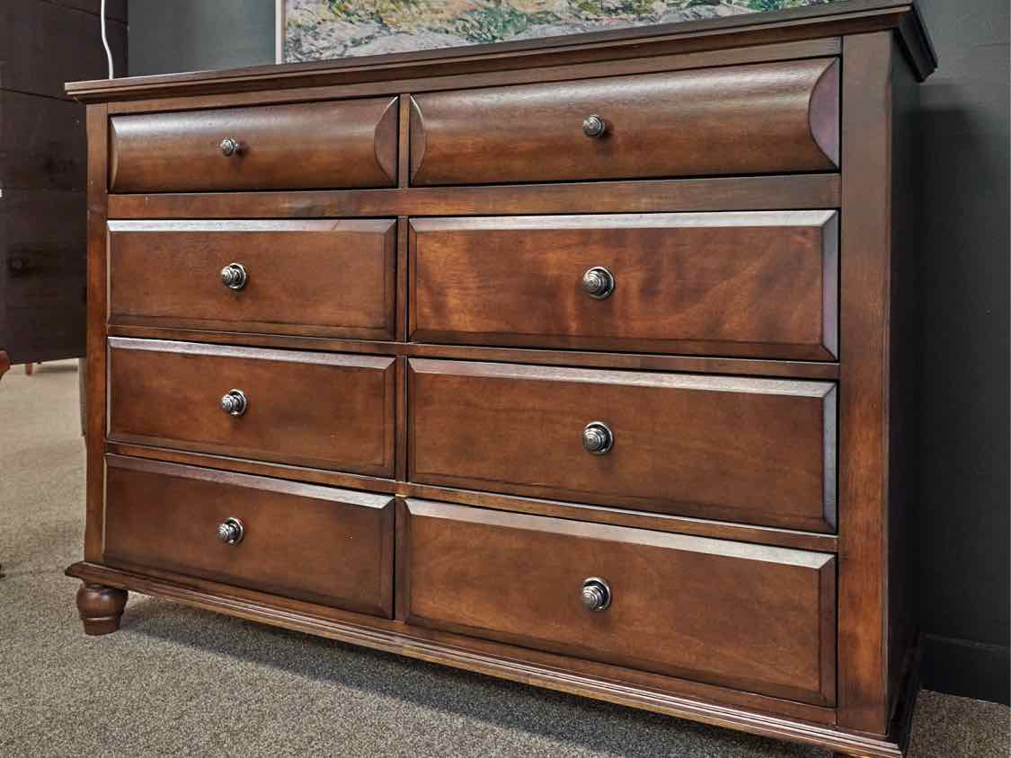 Dark Cherry 8 Drawer Dresser with Rich Brass Knobs