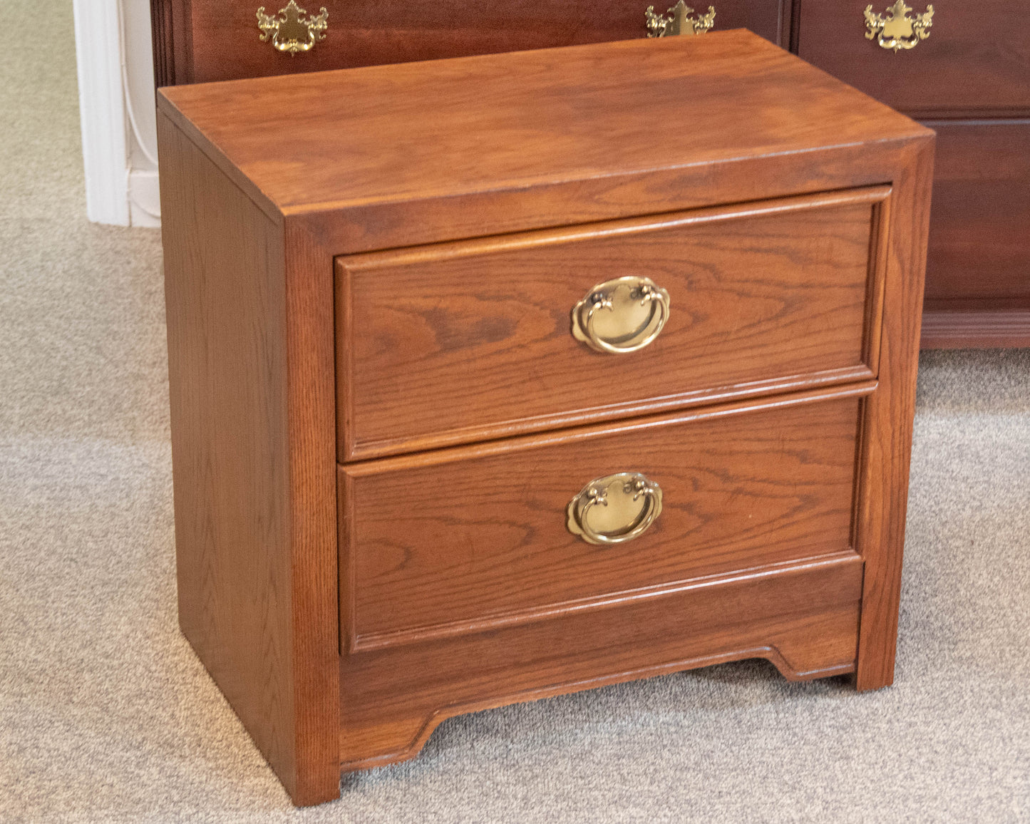 Pair of Thomasville Oak Campaign Style Nightstands
