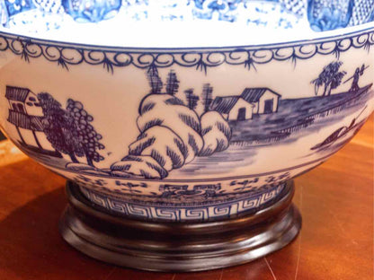 Blue & White Canton Porcelain Bowl Includes Wooden Base