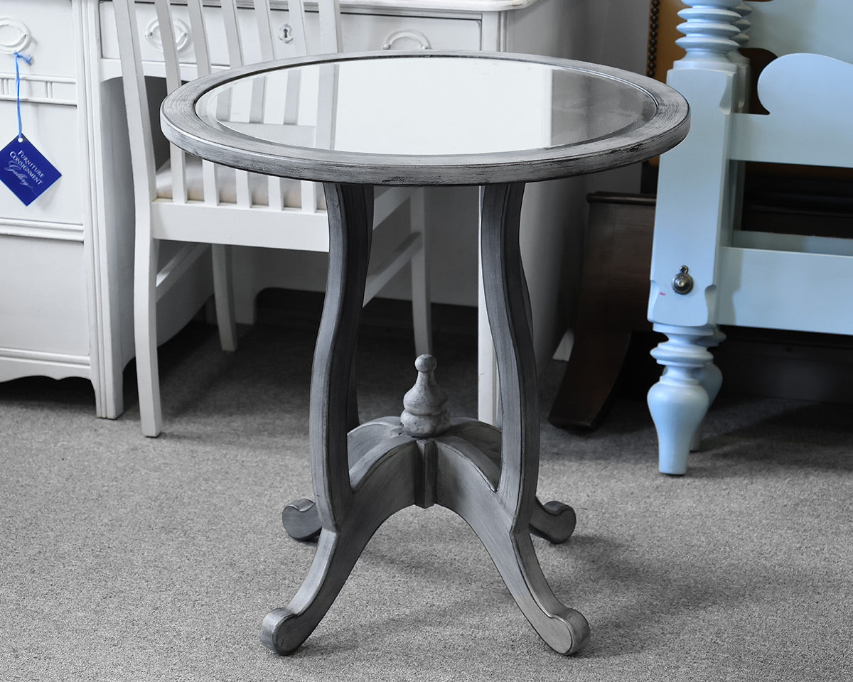 Mercana Round Mirrored Top Lamp Table in Grey Finish