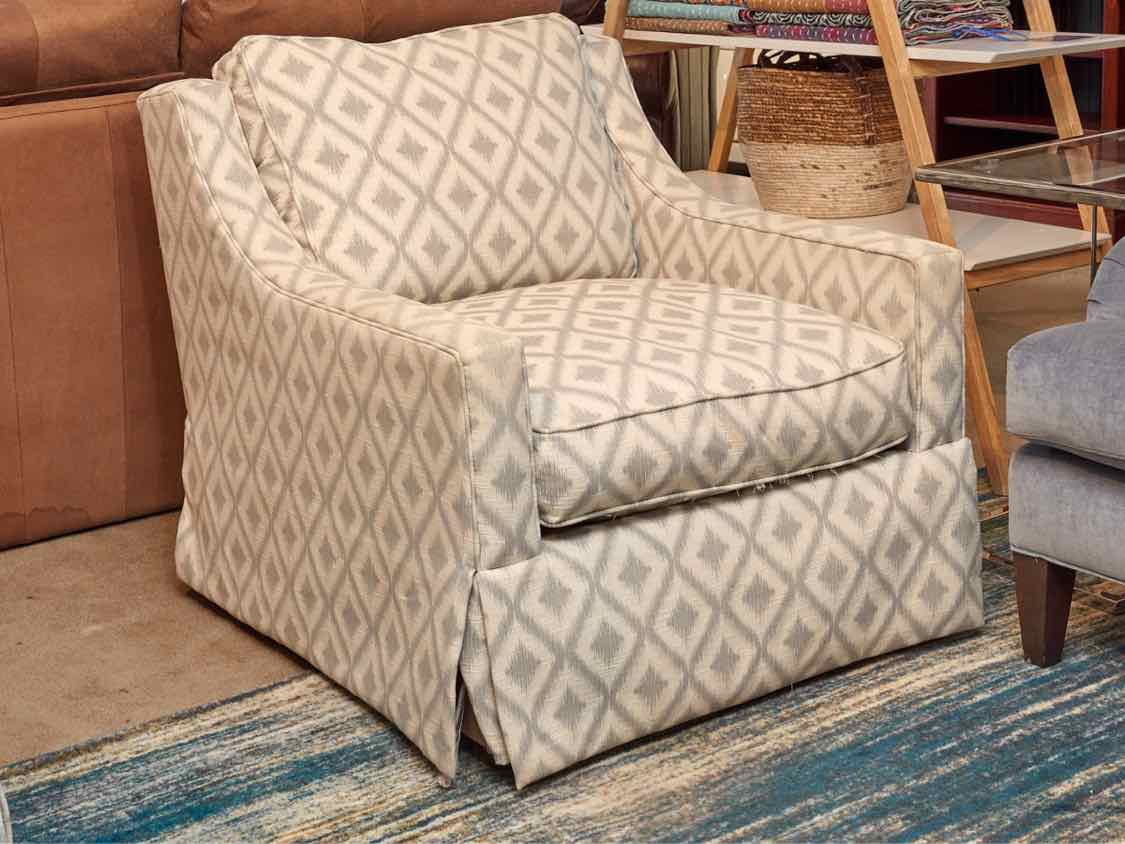 Pair of Basset Track Arm Chairs in Ivory & Grey Diamond Uphostery Feather & Down