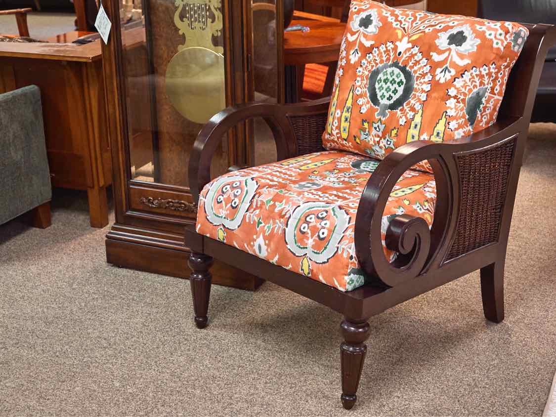 British Colonial Style Arm Chair with Thibaut Mendoza Suzani Fabric