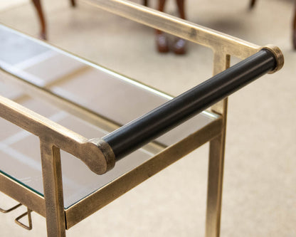 Wheeled Bar Cart in Brass Finish with Mirrored Top and Lower Shelf