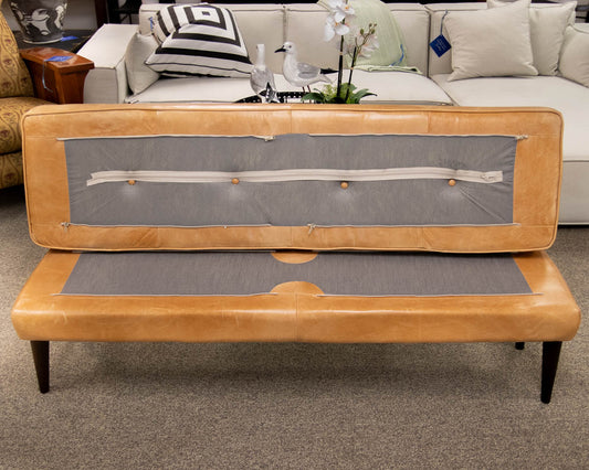 Button Tufted Bench in Chamois Color Leather on Dark Tapered Legs
