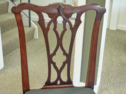 Set of Mahogany Chippendale Style  Dining Chairs with Grey Upholstered Seats