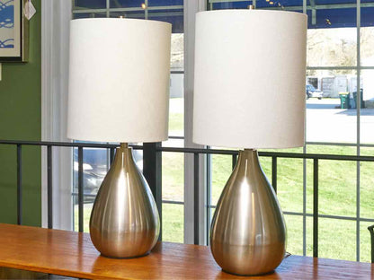 Pair Of Chrome Finish Metal Off White Shade Table Lamps