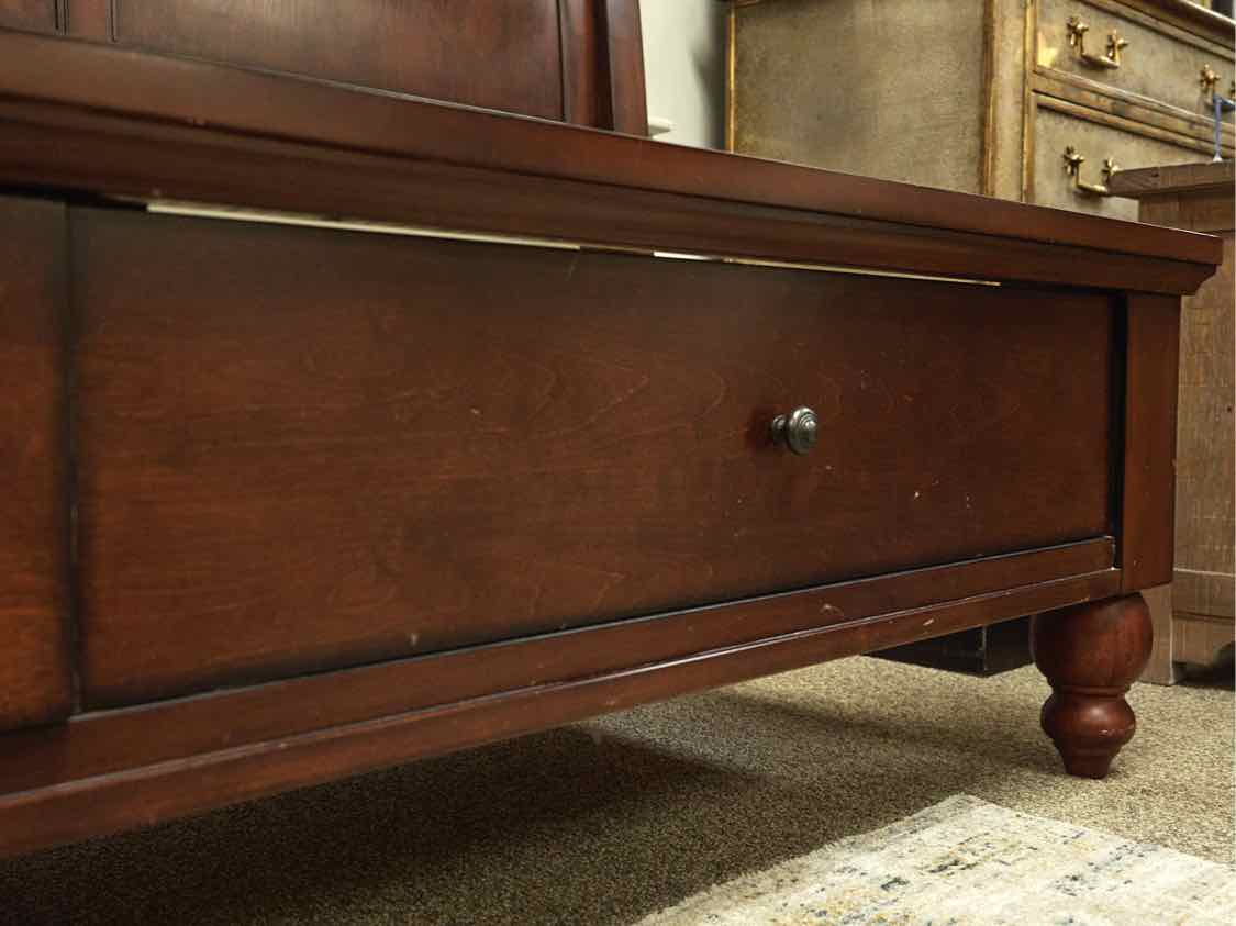 King Louis Phillip Style Sleigh Storage Bed in Bourbon Finish