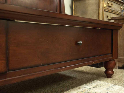 King Louis Phillip Style Sleigh Storage Bed in Bourbon Finish