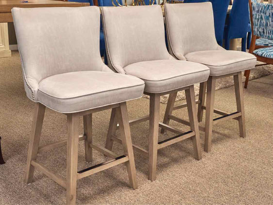 Set of 3 Custom Vegan Grey  Upholstered Counter Stools with Nickel Nailhead Trim