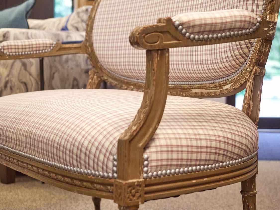 French Provincial Style Settee with Plaid Upholstery & Nickel Nailhead