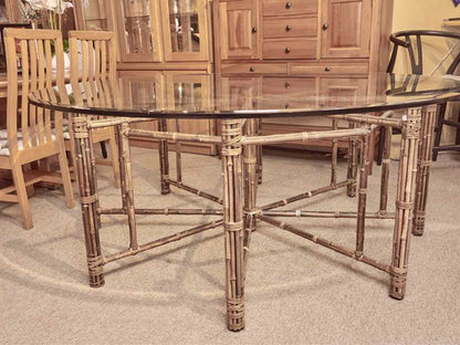 McGuire  Round Glass Top Bamboo Base Legs Dining Table