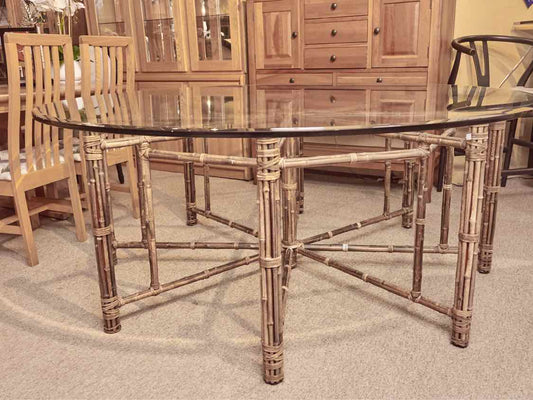 McGuire  Round Glass Top Bamboo Base Legs Dining Table