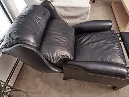 Pair of Hancock and Moore  Navy Blue Leather Bustle Back Reclining Chairs