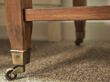 Elm Wood Console w/ Wood Cane Panel Design  & Glass Top  on Casters