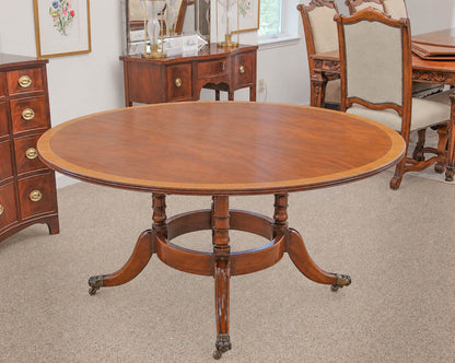 60" Round Banded Mahogany Dining Table on Bird Cage Pedestal