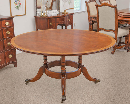 60" Round Banded Mahogany Dining Table on Bird Cage Pedestal