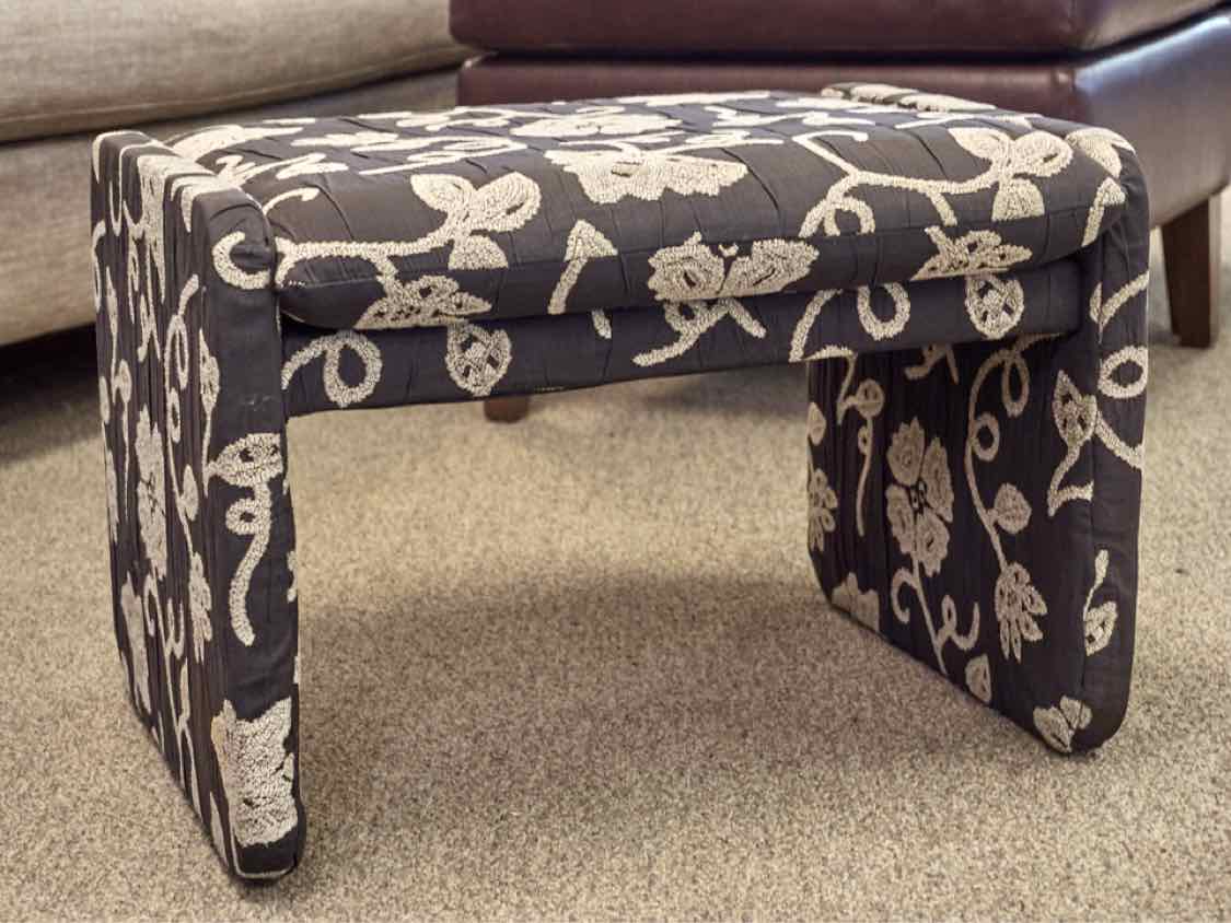Black & Beige Floral Pattern Upholstered Stool
