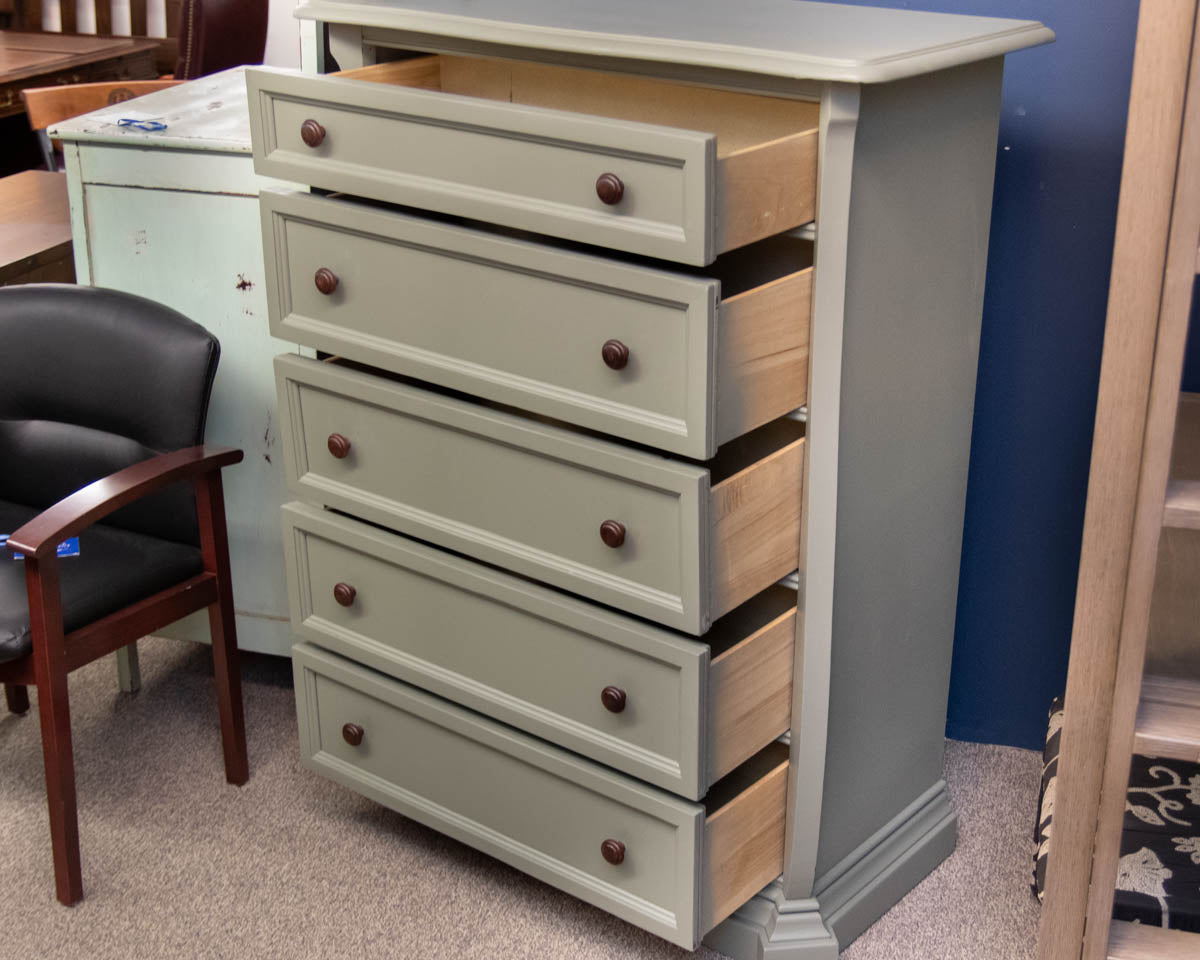 Five  Drawer Chest In Sage Green W/ Wood Knobs