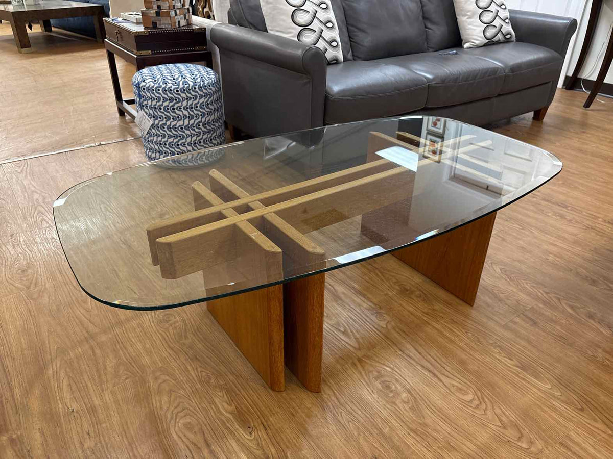 Mid-Century Modern Oval Glass Top Teak Coffee Table